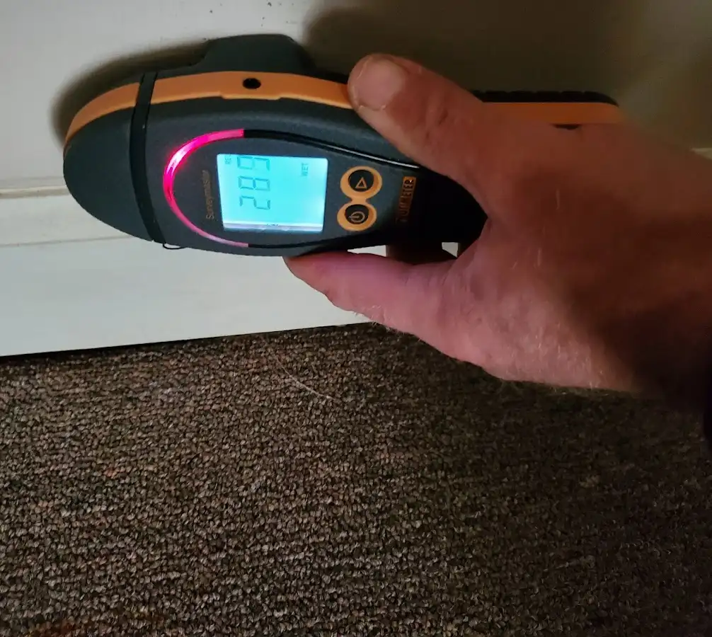 Moisture detection at baseboard during Storm Damage Restoration in Bostonia